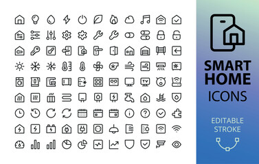 Smart home systems UI icons set. Vector symbols for Home control app with editable stoke