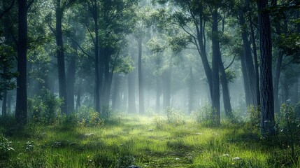 Obraz premium A misty forest scene in the early morning, with diffused light gently filtering through the thick canopy
