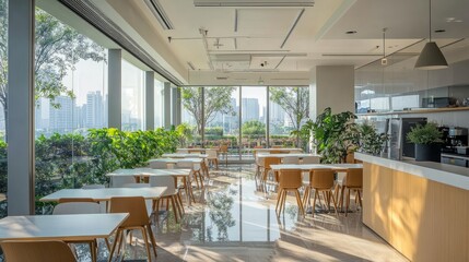 Obraz premium Light-themed office canteen in a business center, clear windows bringing in natural light for a welcoming ambiance.