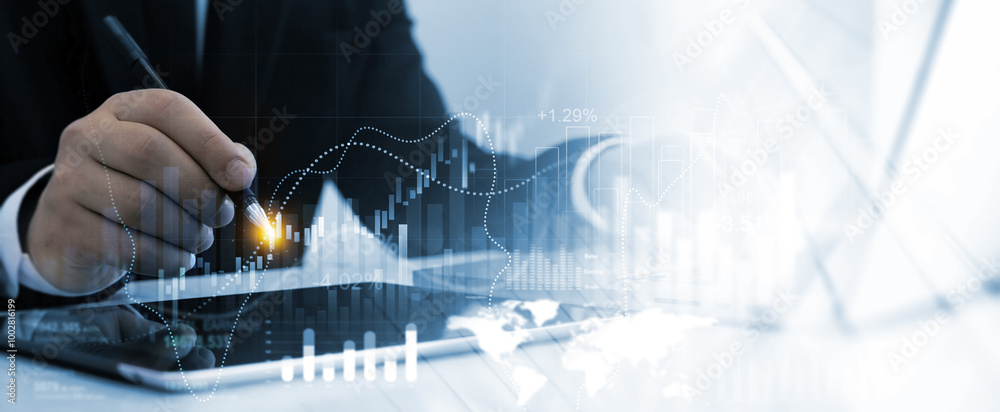 Aufkleber business growth graph chart. businessman using tablet analyzing sales data and financial report.fina