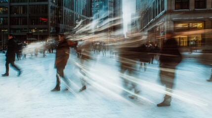 A bustling city scene with blurred figures walking through snow-covered streets.