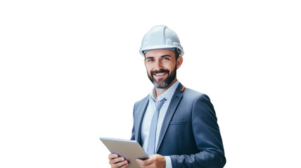 Portrait of maintenance mechanic using tablet computer on transparent background PNG.

