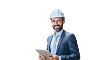 Portrait of maintenance mechanic using tablet computer on transparent background PNG.

