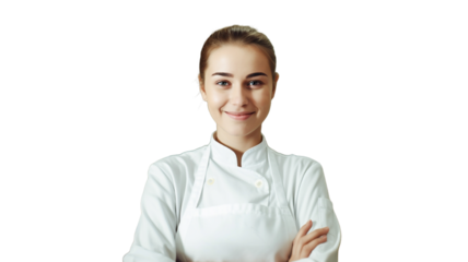 Pretty female baker smiling on transparent background PNG.
