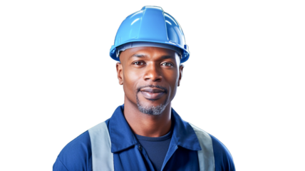 Happy professional heavy industry engineer or worker wearing blue uniform and hard hat on transparent background PNG. 