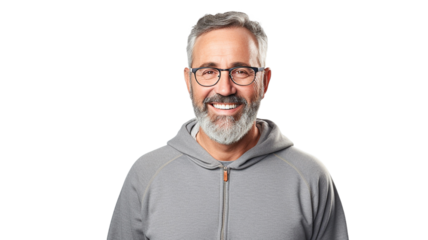 Portrait of handsome middle age man wearing glasses looking on camera on transparent background PNG.