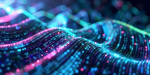 Abstract digital wave with binary code and glowing particles in blue and pink, symbolizing data flow and technology