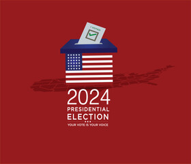 Your Vote is Your Voice. USA Presidential election 2024 banner, poster , templet. I voted and Voting slogan USA flag, ballot box and on blue background illustrator.