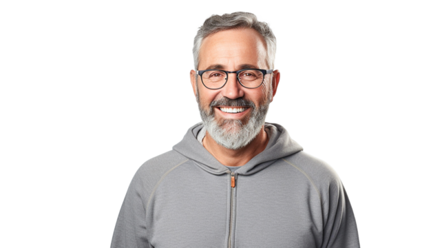 Portrait of handsome middle age man wearing glasses looking on camera on transparent background PNG. 