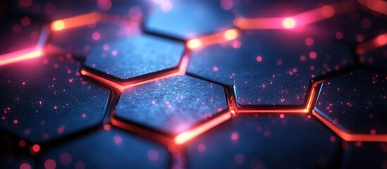 Abstract Hexagon Pattern with Glowing Red Lines and Blue Background
