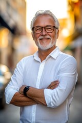Confident happy mature older business man leader, smiling middle aged senior old professional businessman wearing white shirt glasses crossed arms looking at camera standing, Generative AI