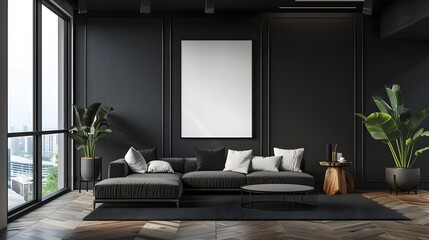 Elegant Minimalist Black Wooden Living Room with Modern Clean Aesthetics and Frame Mockup