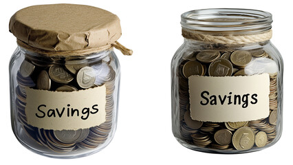 Transparent Jars Filled with Coins for Savings, isolated on transparent background.