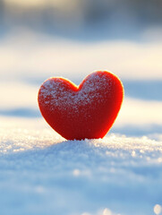 Fototapeta premium A red heart is sitting on top of the snow. The heart is surrounded by a white blanket of snow. Concept of love and warmth.