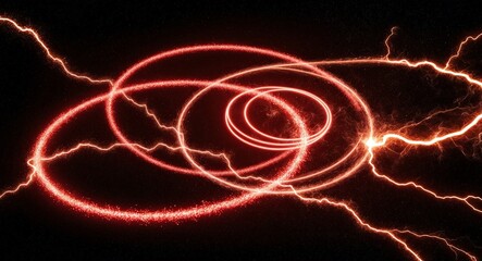 Obraz premium Abstract red glowing rings of light particles with fiery lightning sparks swirling on a black void background