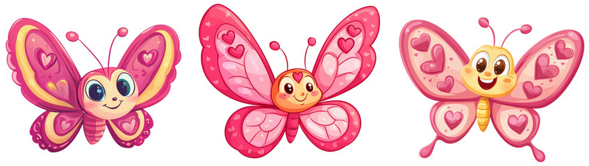 Cute Colorful Butterflies with Heart Designs, isolated on transparent background.