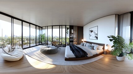 Modern studio apartment interior in 360 equirectangular style, with large clear windows creating an open, airy feel.