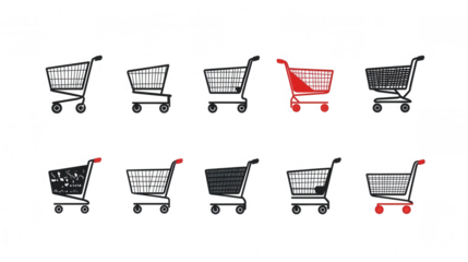 Abandoned shopping carts for Black Friday and Holiday shopping promotions, PNG file, isolated on white, transparent background.