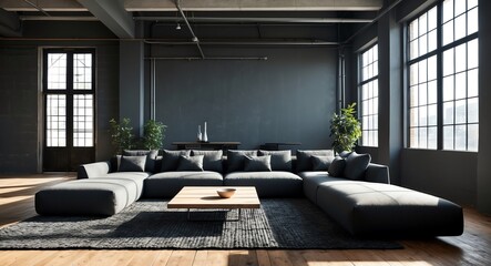 Charcoal gray living room with an industrial aesthetic featuring a low modern sofa and sunlight streaming through large warehouse style windows