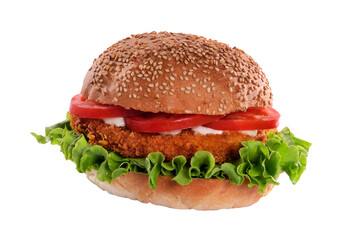 Chicken burger isolated on transparent layered background.
