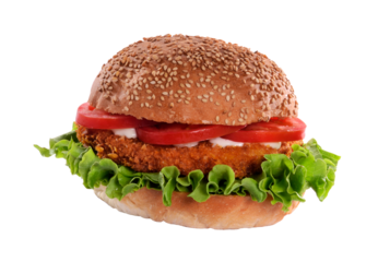 Chicken burger isolated on transparent layered background.