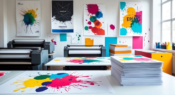 Creative design print studio with colorful ink splotches on tables graphic posters hanging and bright paper stacks ready for printing