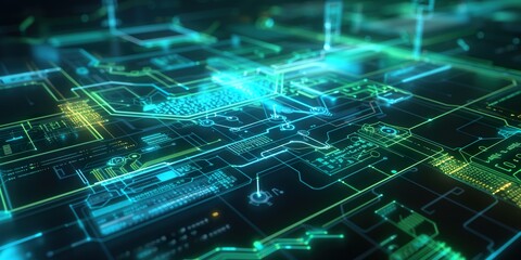 Digital interface with glowing circuit elements depicting a futuristic technology and virtual schematic