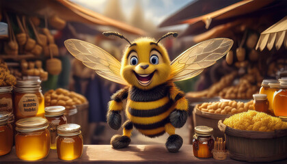 representation of a bee selling honey at the market