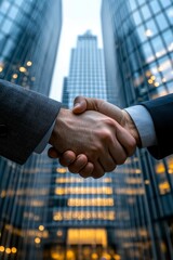 Handshakes against new business center close up, Generative AI