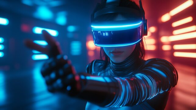 Mujer usando una avanzada interfaz de realidad virtual con visera luminosa en un entorno de luces de ne&oacute;n. Representa el futuro de la tecnolog&iacute;a inmersiva y los videojuegos.