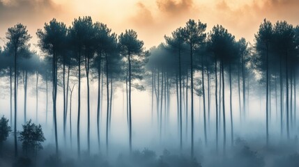 Obraz premium The forest is shrouded in a mystical fog, where tall pine trees rise majestically. The soft light of dawn enhances the tranquil, otherworldly ambiance