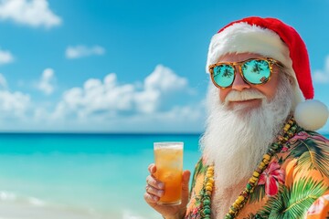 Santa Claus enjoys a tropical drink on a beach.