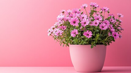 Fototapeta premium Pink Flowers in a Pink Pot Against a Pink Background