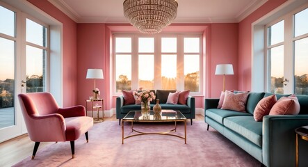 Pale pink accent living room with a velvet armchair and glass coffee table illuminated by gentle sunrise light through wide windows