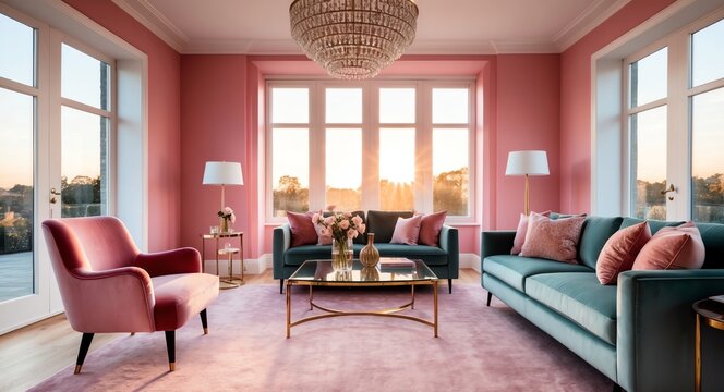 Pale pink accent living room with a velvet armchair and glass coffee table illuminated by gentle sunrise light through wide windows
