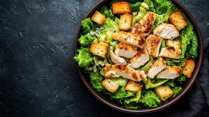 Top view of a bowl of Caesar salad with croutons, parmesan, and chicken. Copy space.