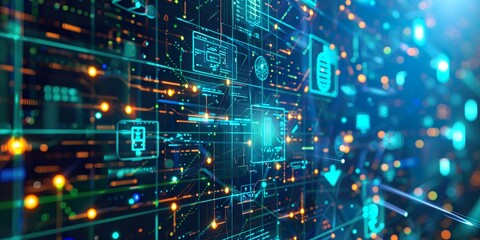 Futuristic digital interface with glowing elements and complex data visualizations in cybernetic network