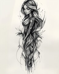 Fototapeta premium Geometric Virgo zodiac tattoo design, with abstract shapes forming a stylized girlish figure