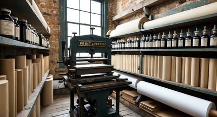 Small vintage print shop with a hand operated press and aged paper stock shelves lined with ink bottles and rolls of paper