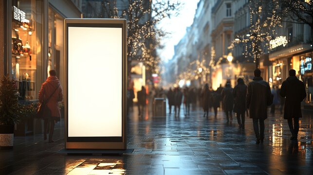 Cartel publicitario en blanco en una calle peatonal llena de personas en una tarde lluviosa. El cartel destaca entre las luces de la ciudad y las decoraciones urbanas, esperando para ser personalizado