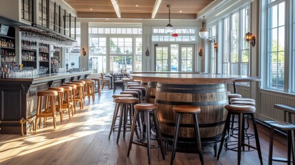 Naklejka premium Restaurant or bar with a group of stools, barrel table visible in the background, bright natural light from clear windows