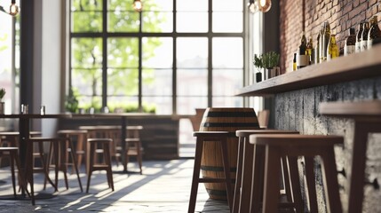 Obraz premium Restaurant or bar with a group of stools, barrel table visible in the background, bright natural light from clear windows