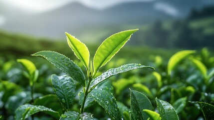 Dewy Green Tea Leaves in a Lush Plantation