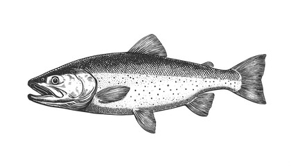 Obraz premium Fish sketch salmon trout. Vintage retro print, black white salmon trout fish sketch ink pencil style drawing, linear drawing, engrave old school. Sketch artwork salmon trout fish. Illustration