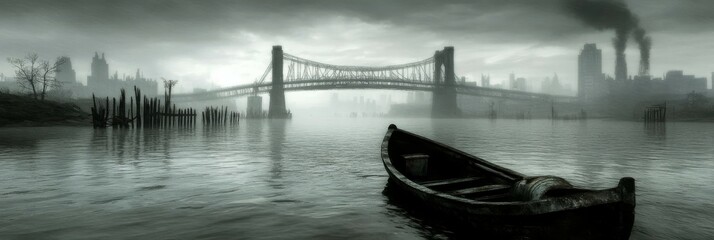 A lone rowboat sits on a foggy river with a bridge in the distance.