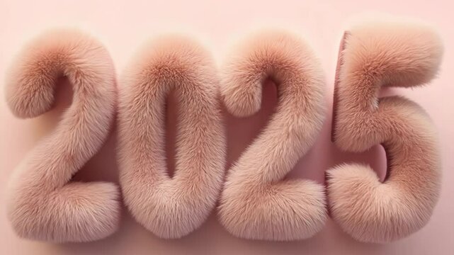 Festive numbers "2025" made of peachy fur appearing on a light pink background. Luxurious Christmas party invitation digital card concept. Furry numbers symbolizing the beginning of a new year.