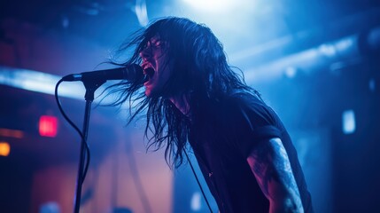 Under blue stage lights, a band member with long hair passionately sings into the microphone, creating an intense and nostalgic atmosphere for the audience