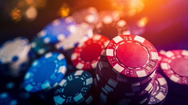 A serene close-up of poker chips under soft casino lighting, highlighting the tactile and visual appeal of gambling artifacts.