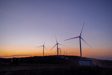 Obraz premium Silhouette of wind turbines against a colorful sunset sky. The gentle fading light highlights the calm beauty of renewable energy in harmony with nature. A peaceful moment at dusk