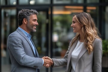 Businessman and businesswomen shaking hands outside office, Generative AI
